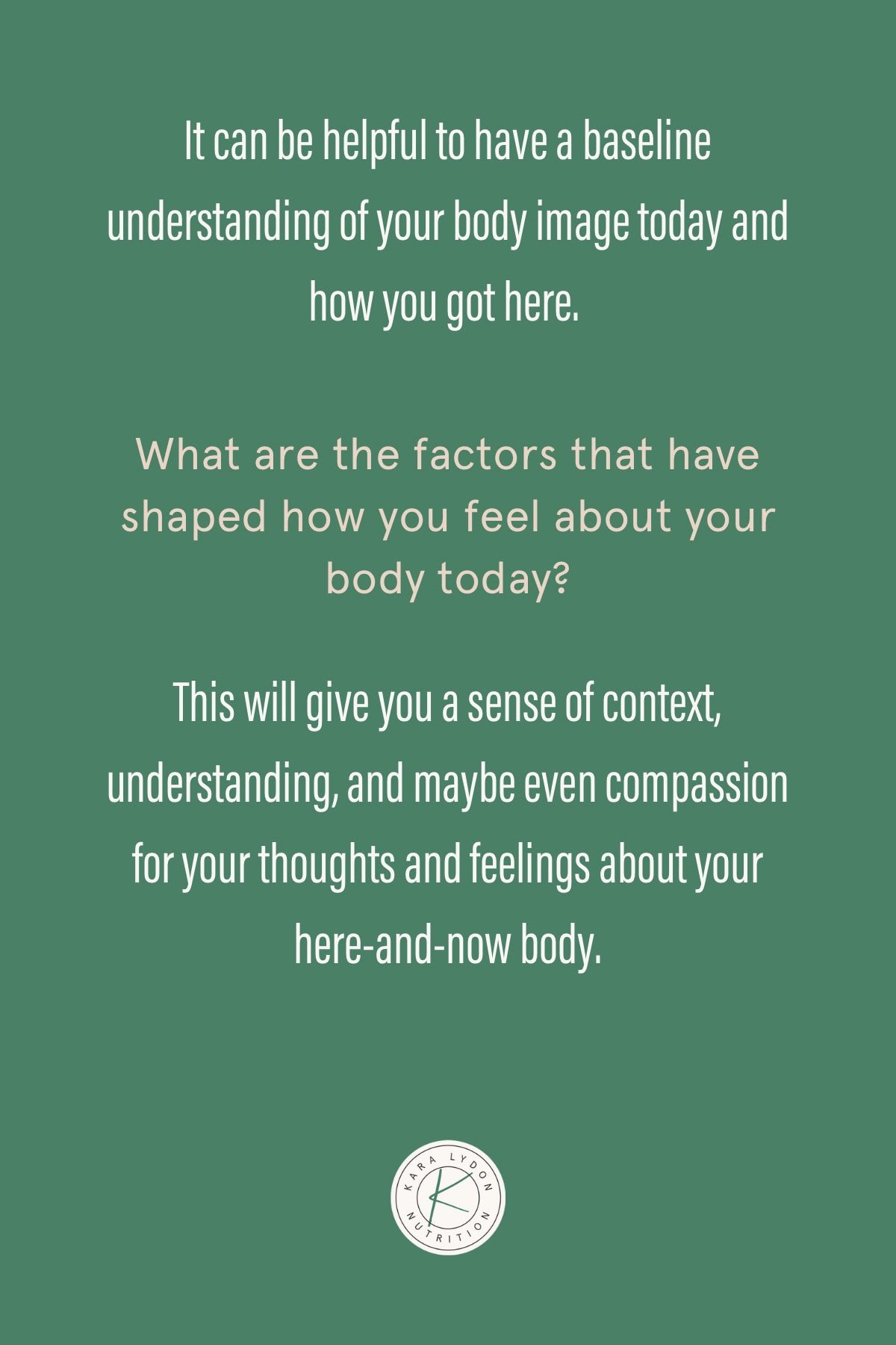 Graphic with quote: “It can be helpful to have a baseline understanding of your body image today and how you got here. What are the factors they have shaped how you feel about your body today? This will give you a sense of context, understanding, and maybe even compassion for your thoughts and feelings about your here-and-now body.”