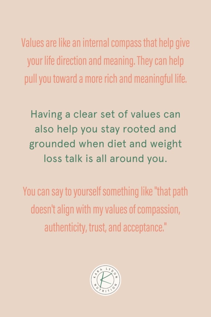 graphic with quote: "Values are like an internal compass that help give your life direction and meaning. They can help pull you toward a more rich and meaningful life.

Having a clear set of values can also help you stay rooted and grounded when diet and weight loss talk is all around you.

You can say to yourself something like 'that path doesn't align with my values of compassion, authenticity, trust, and acceptance.'"