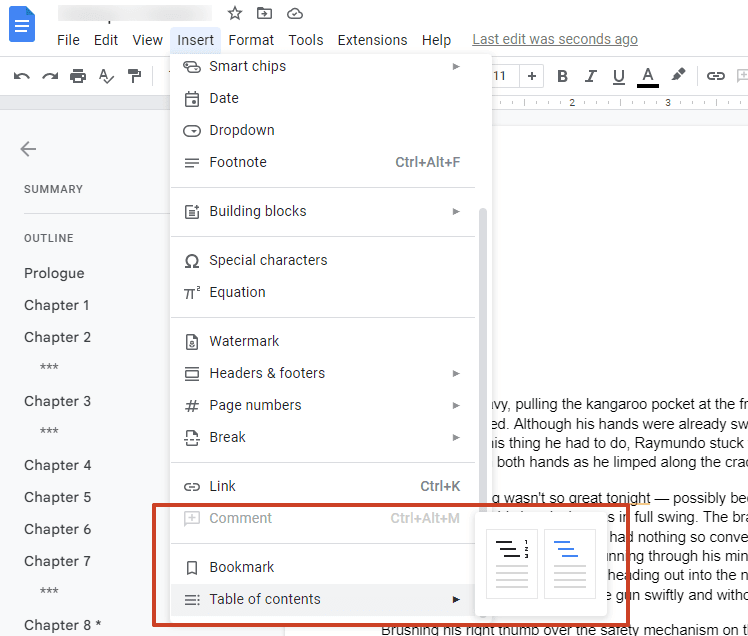Select Table of Contents Google Docs